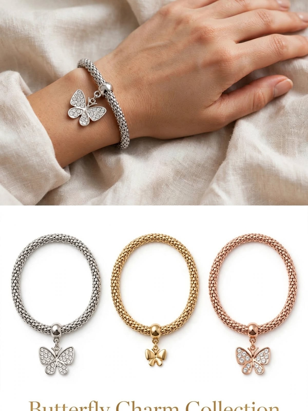 Butterfly Charm Mesh Bracelet - Silver, Gold & Rose Options